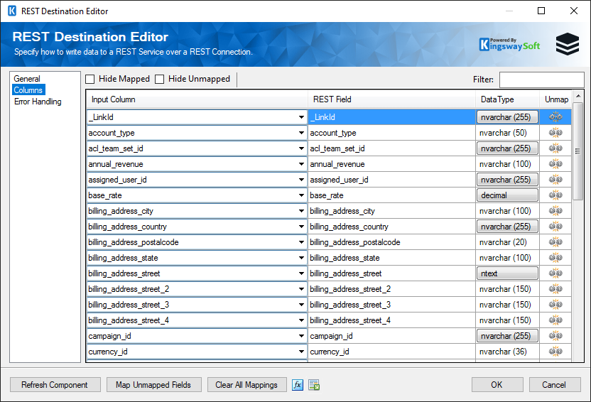 SSIS SugarCRM REST Destination - Columns